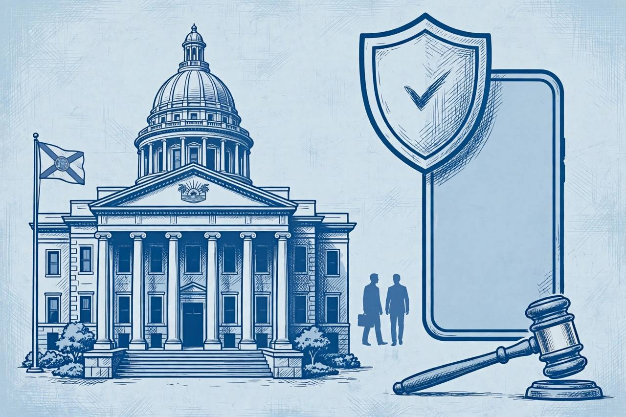 Editorial illustration of a Florida courthouse and government building with a smartphone protected by a shield and a gavel