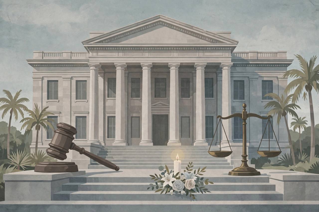 Editorial illustration of a solemn South Florida courthouse with a gavel, scales of justice, and a candle and flowers on the steps in memory