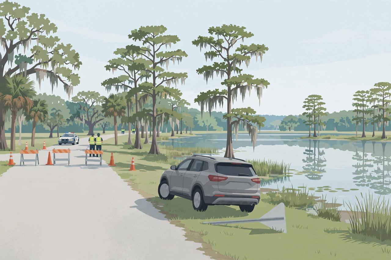 Editorial illustration of a quiet lakeside road with a grey SUV stopped at a lake shoreline in the distance and generic emergency responders on a closed road — no real event photo and no real person's face is shown