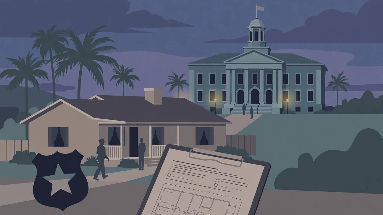 Editorial illustration of a Florida courthouse at dusk with palm trees and a suburban house in the foreground