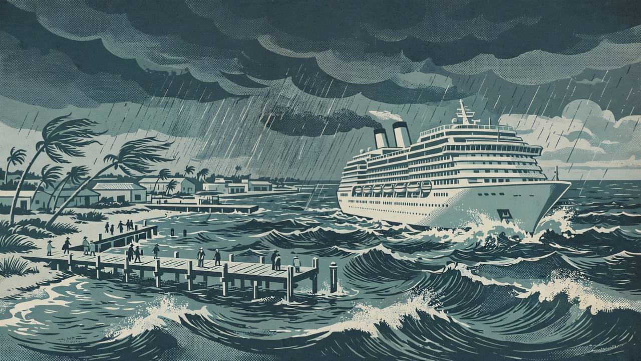 Editorial illustration of a generic cruise ship on rough stormy seas near a Florida port pier, palm trees bending in the wind, flat style, no real person, no text