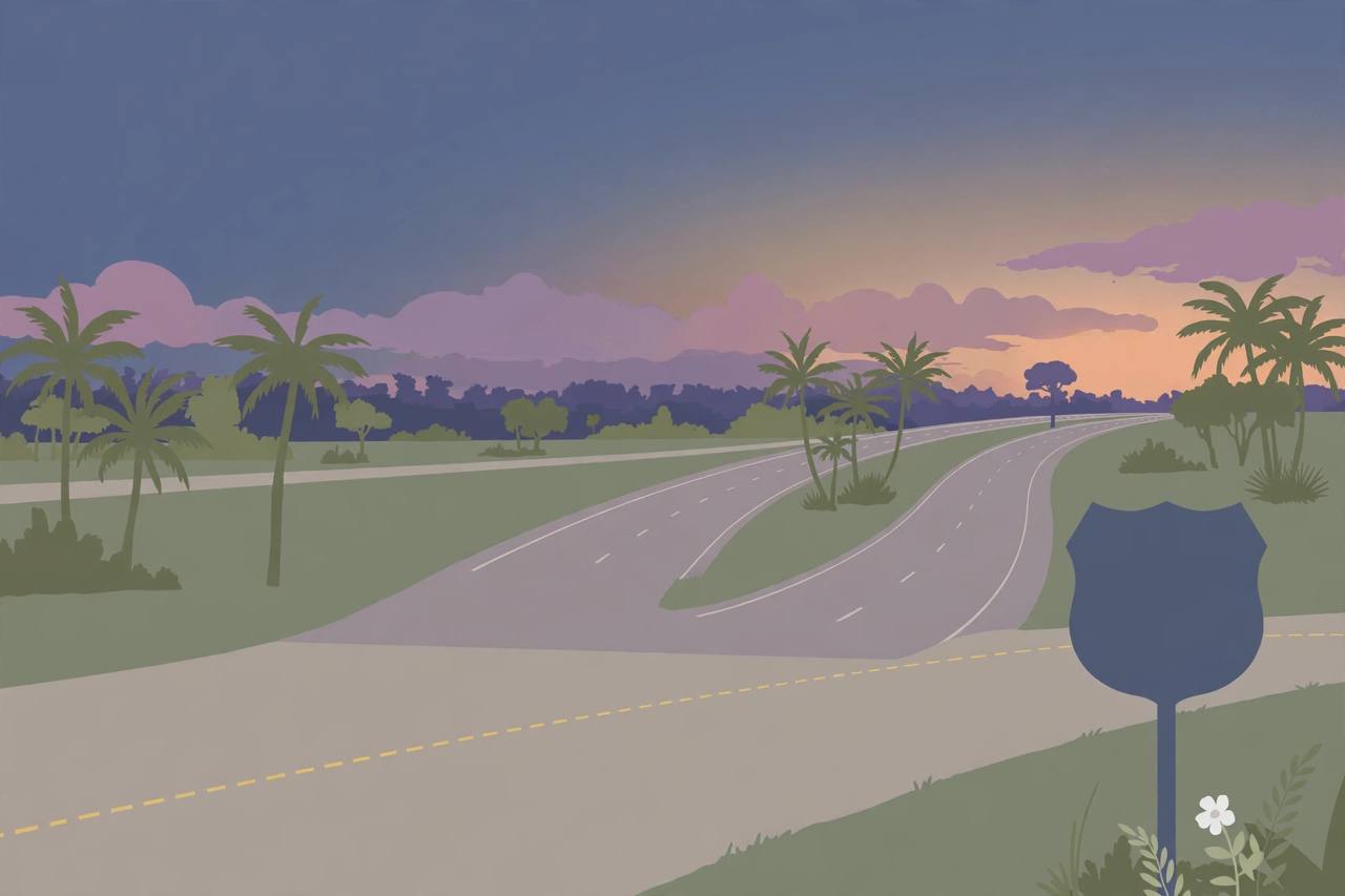 Editorial illustration of a quiet empty county road meeting an interstate entrance ramp at dusk in Florida, with palm trees, a blank highway sign and a single white flower at the roadside, no crash depicted