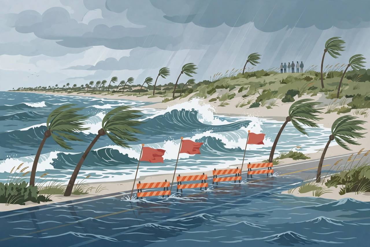 Editorial illustration of a Florida east-coast beach with large waves, a flooded coastal road, barricades and palm trees in wind