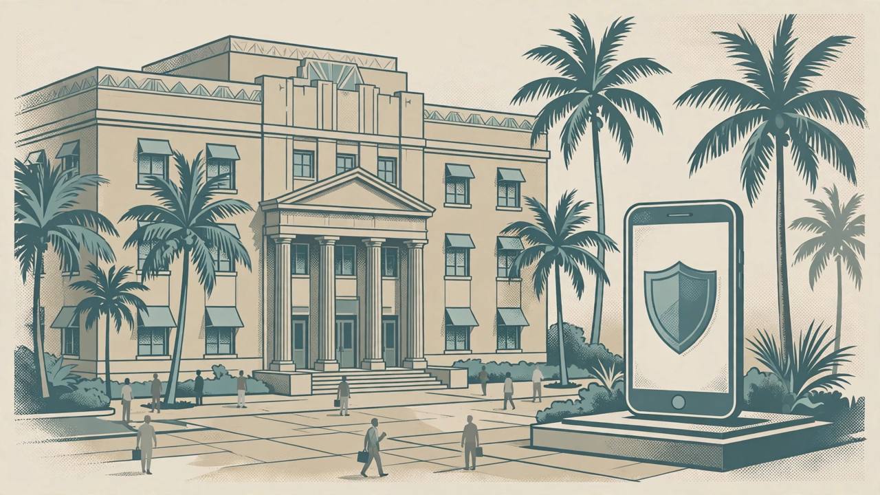 Editorial illustration of a Miami Beach style municipal building with palm trees and a smartphone bearing a shield, representing a federal case involving a former city official