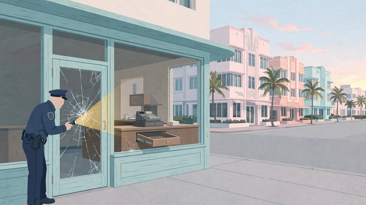 Editorial illustration of a police officer examining a cracked glass cafe door in Miami Beach at dawn, flat style, generic figure, no lettering