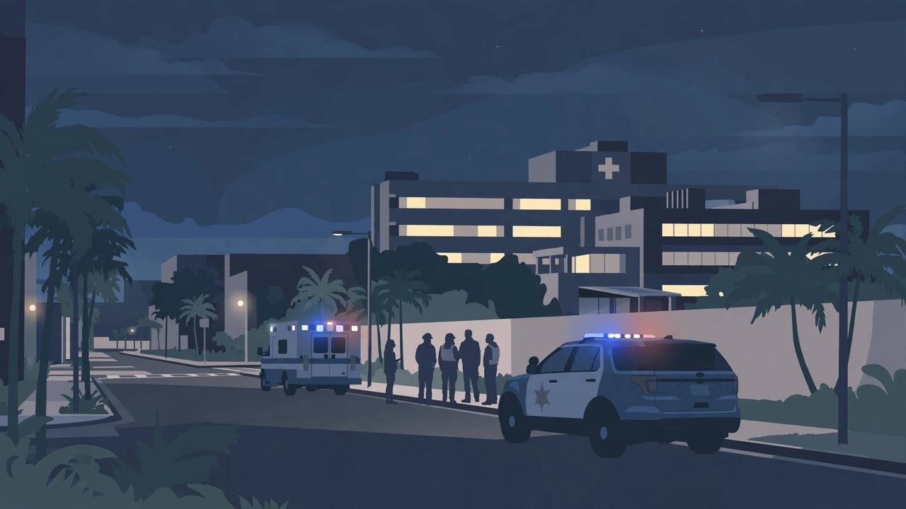Editorial illustration of a nighttime Miami-Dade street with an ambulance, a sheriff's vehicle and a hospital in the background; no people in distress and no injuries are shown