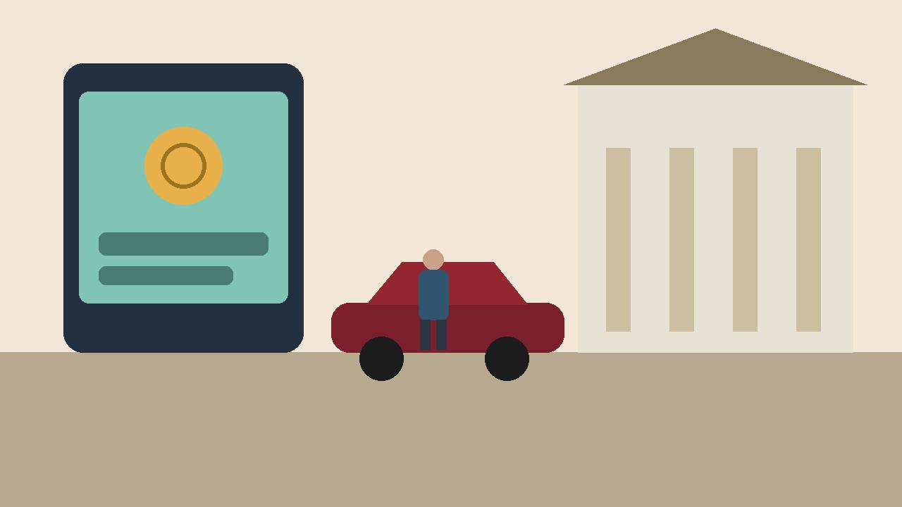 Editorial illustration of a generic young figure beside a smartphone with an abstract coin symbol and a luxury car in front of a courthouse, flat style, no real person depicted, no text