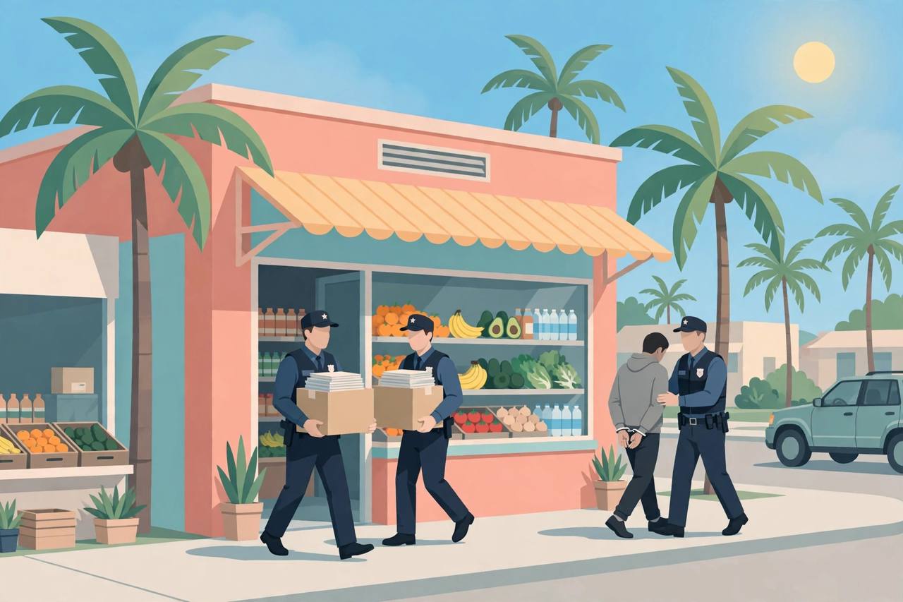 Editorial illustration of a small Miami grocery storefront with palm trees as generic state investigators carry document boxes out during a food assistance fraud investigation