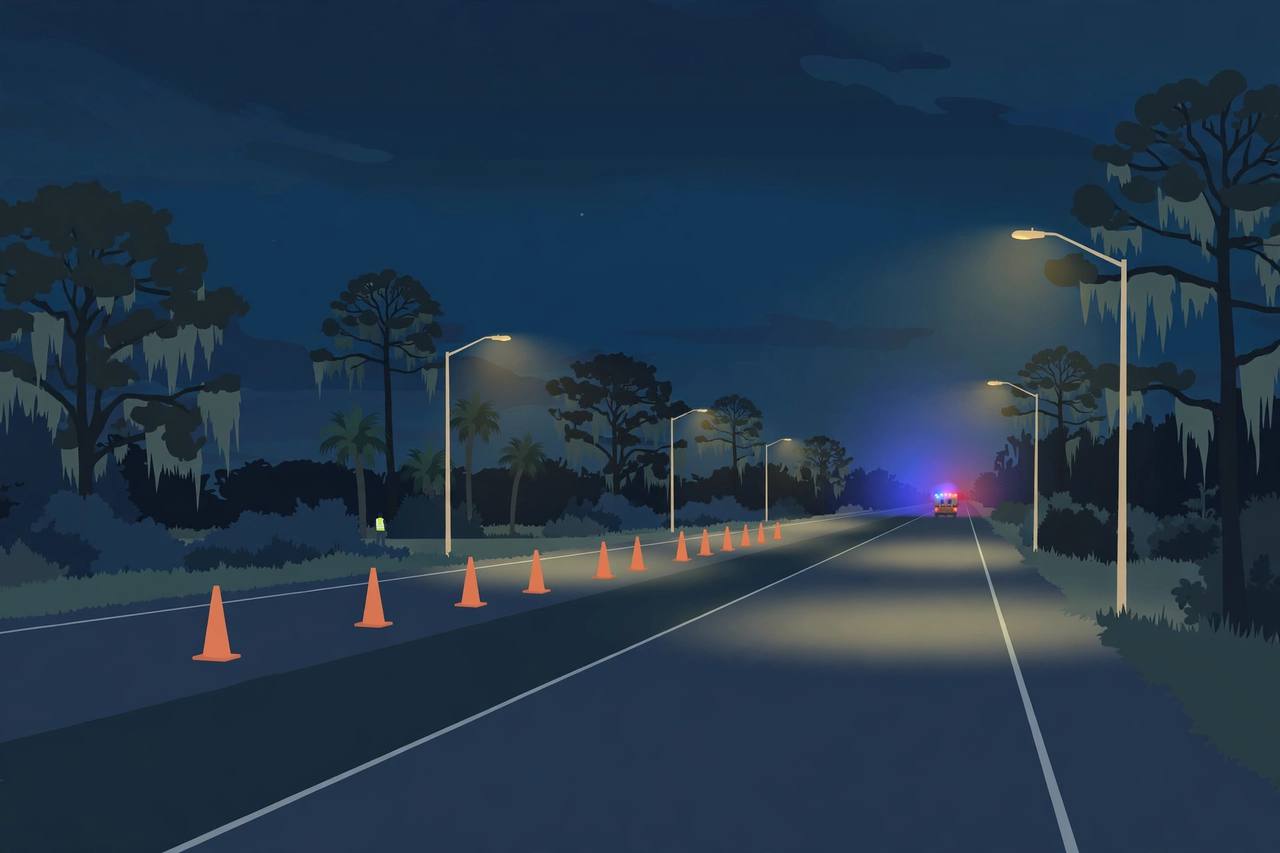 Editorial illustration of a Florida highway at night in Minneola; the crash itself is not depicted