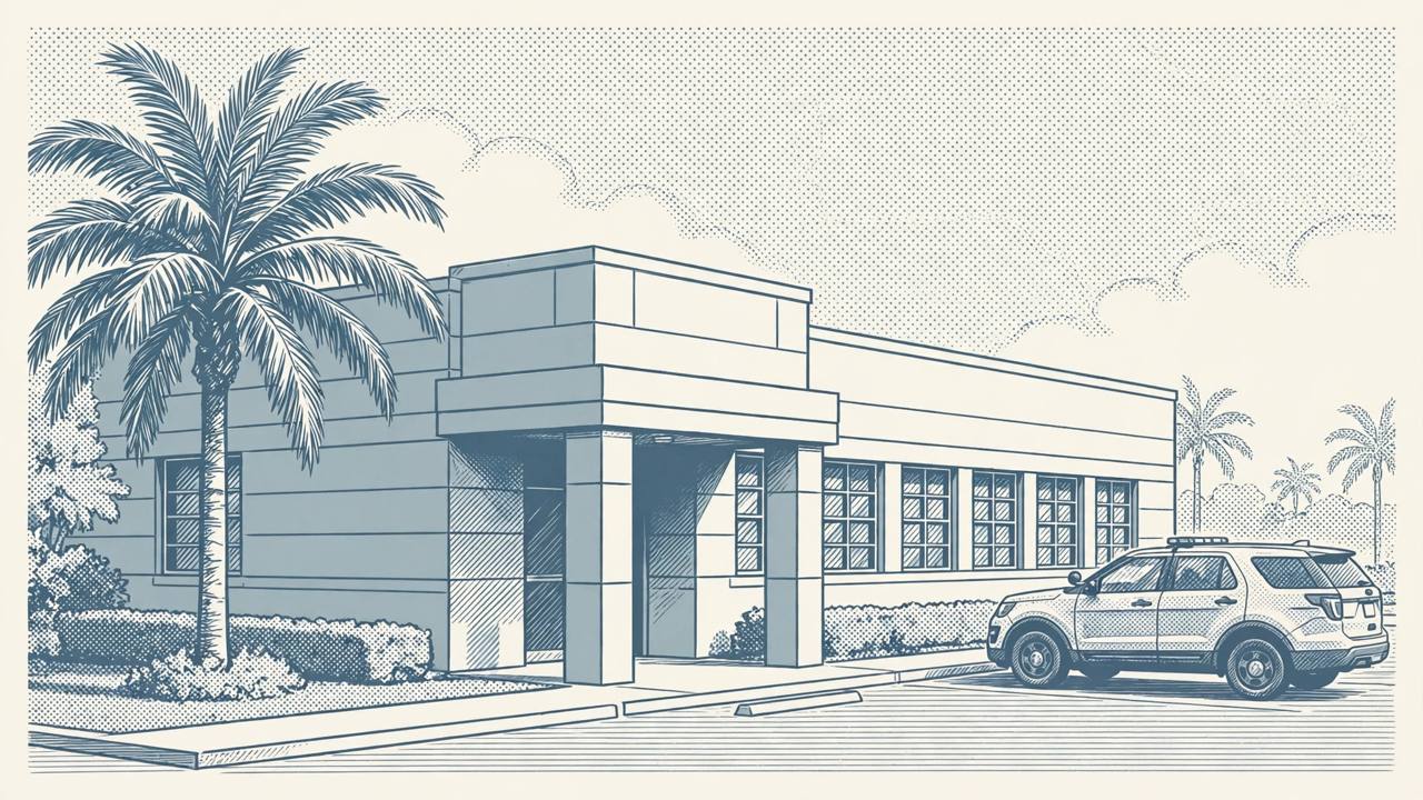 Editorial illustration of a generic Florida police station — no actual person or place is depicted, and the incident itself is not shown