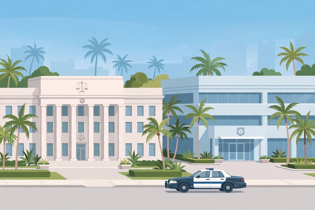 Editorial illustration of a generic courthouse and police building in Florida with palm trees and a parked cruiser, flat style, no real person or incident depicted