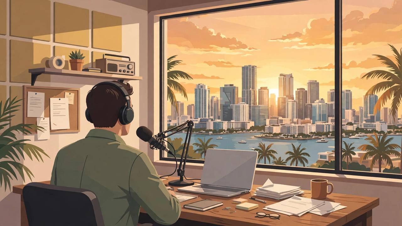 Editorial illustration of a generic broadcaster at a microphone in a small Miami exile news studio, city skyline through the window