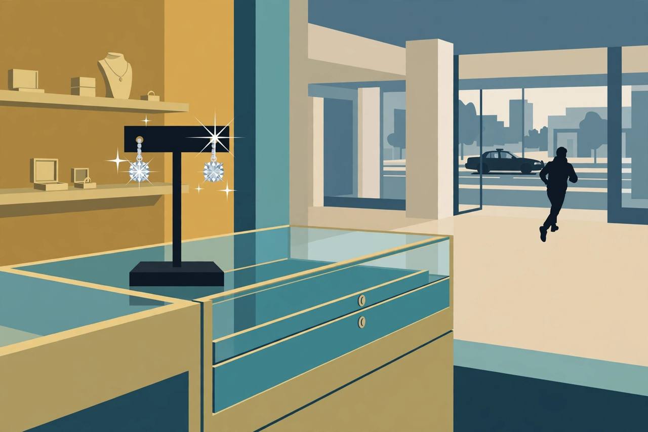 Editorial illustration of a luxury jewellery store counter with two sparkling diamond earrings on a stand, a generic silhouetted figure running in the background and a highway patrol car silhouette outside, flat style, no real person depicted, no text