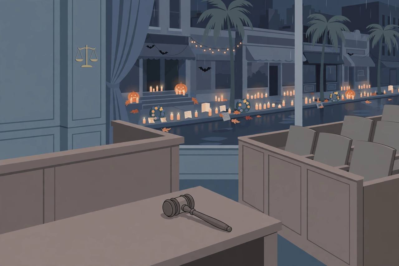 Editorial illustration of a solemn Florida courtroom with a judge's gavel and a respectful memorial scene for the Orlando Halloween shooting victims