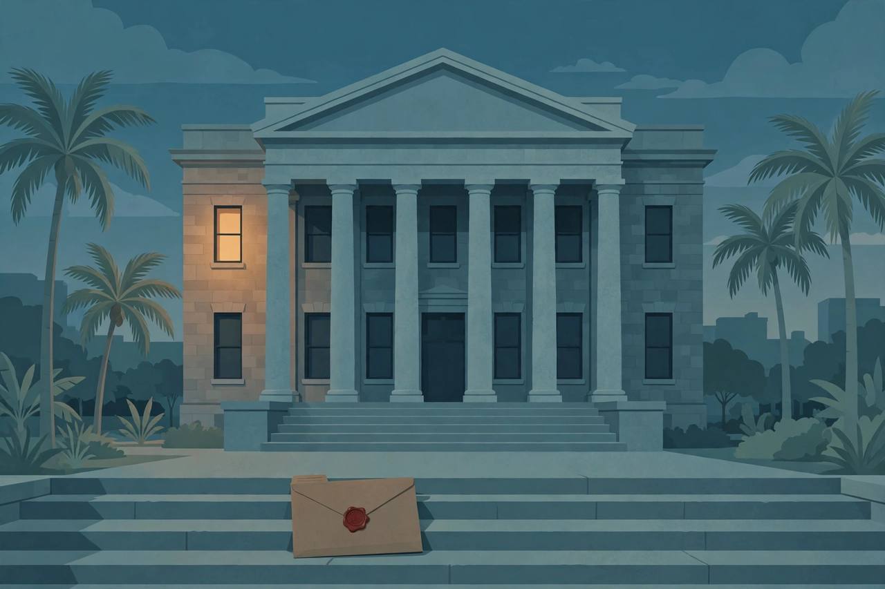 Editorial illustration of an Orlando courthouse at dusk with a sealed legal document folder on the steps, no people depicted