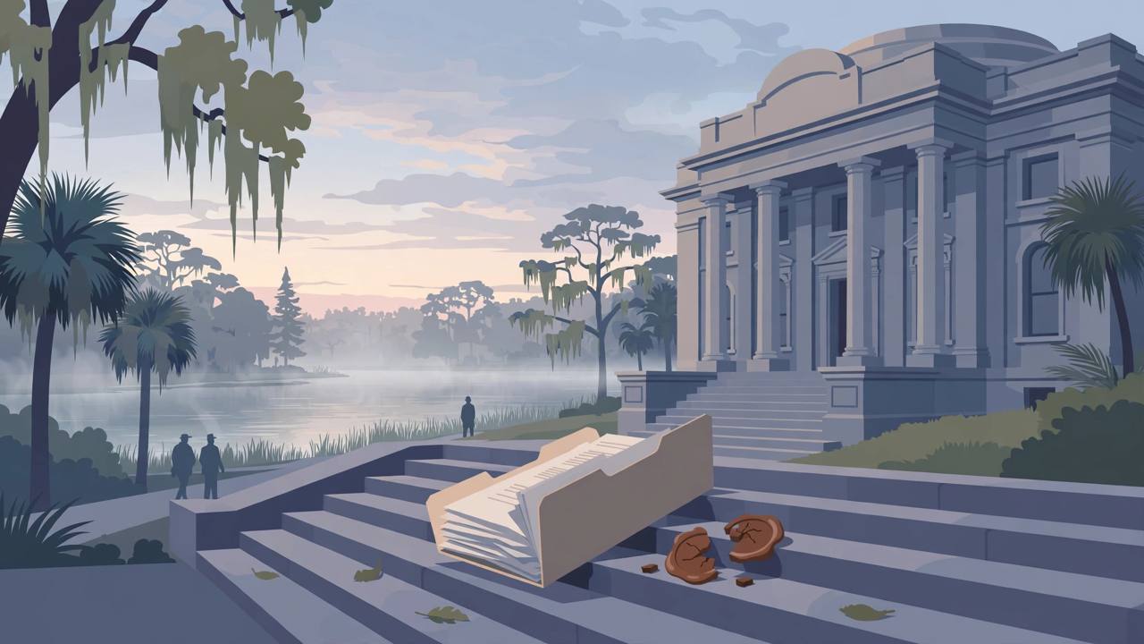 Editorial illustration of an Orlando, Florida courthouse at dawn with a large unsealed legal case file and a broken wax seal on the steps and a quiet lake in the background