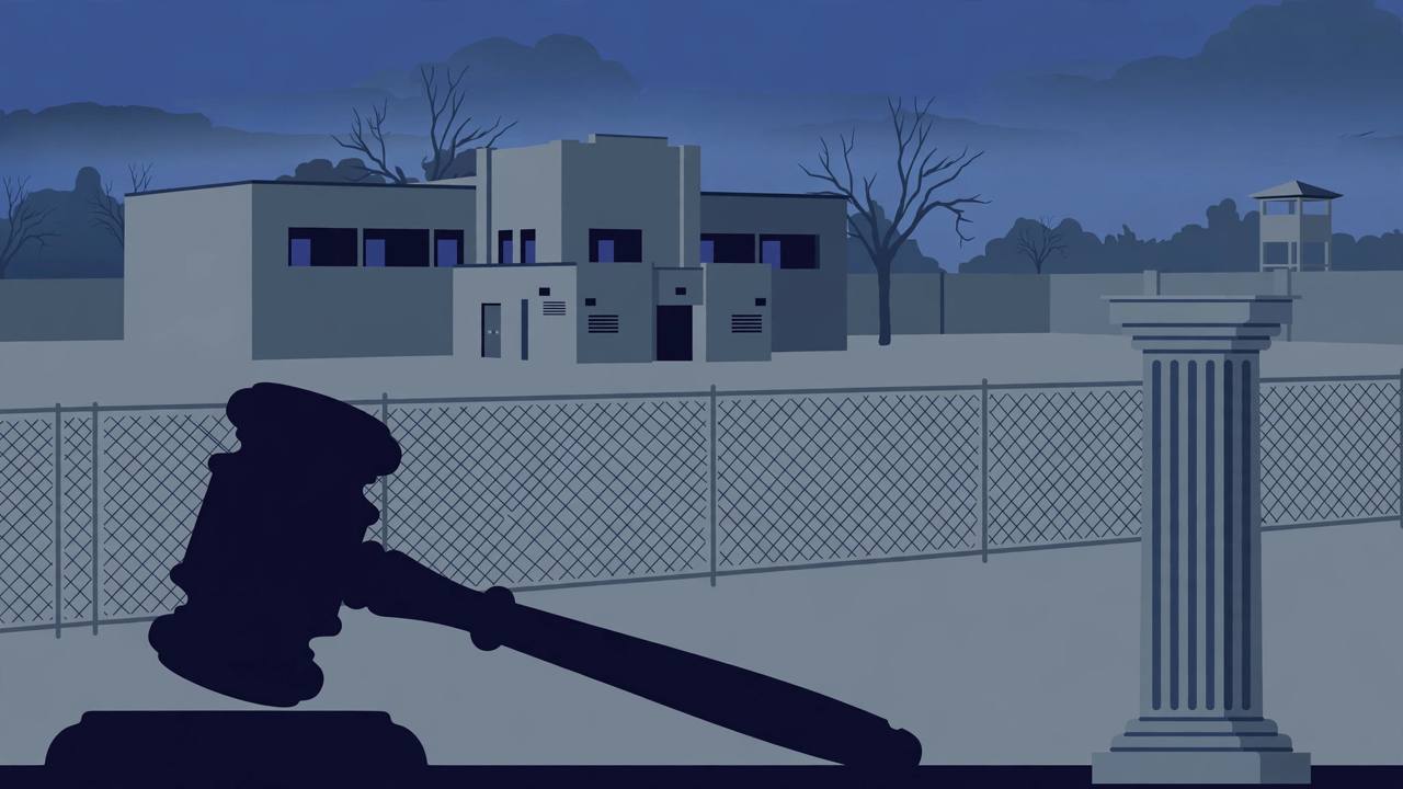 Editorial illustration of a Florida state prison exterior at dusk with a courthouse column, flat style, no real person