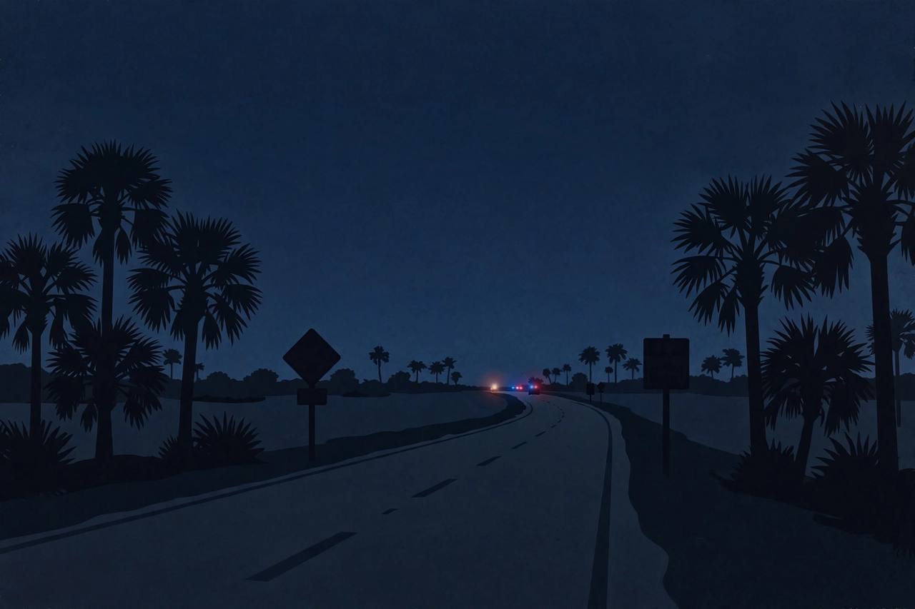 Editorial illustration of a Florida highway at night south of Palatka; the crash itself is not depicted