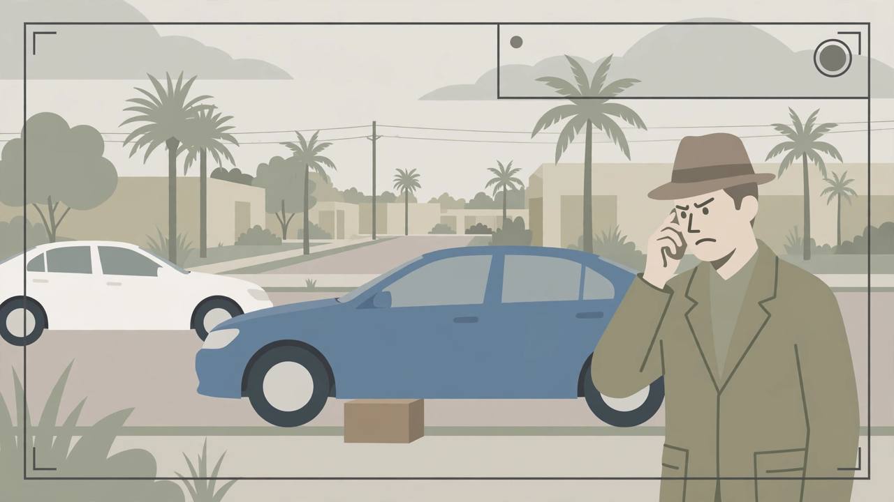 Editorial illustration of a detective on the phone beside a parked blue car with a cardboard package underneath it, palm trees and a surveillance camera motif, Florida street scene