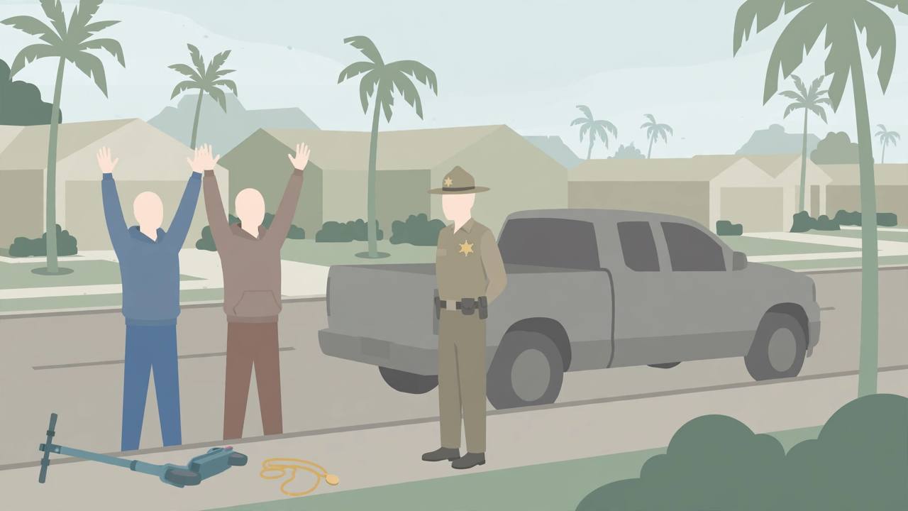 Editorial illustration of a generic deputy beside a grey pickup truck with two generic figures raising their hands and a scooter and gold necklace on the ground, flat style, no text, no real person depicted