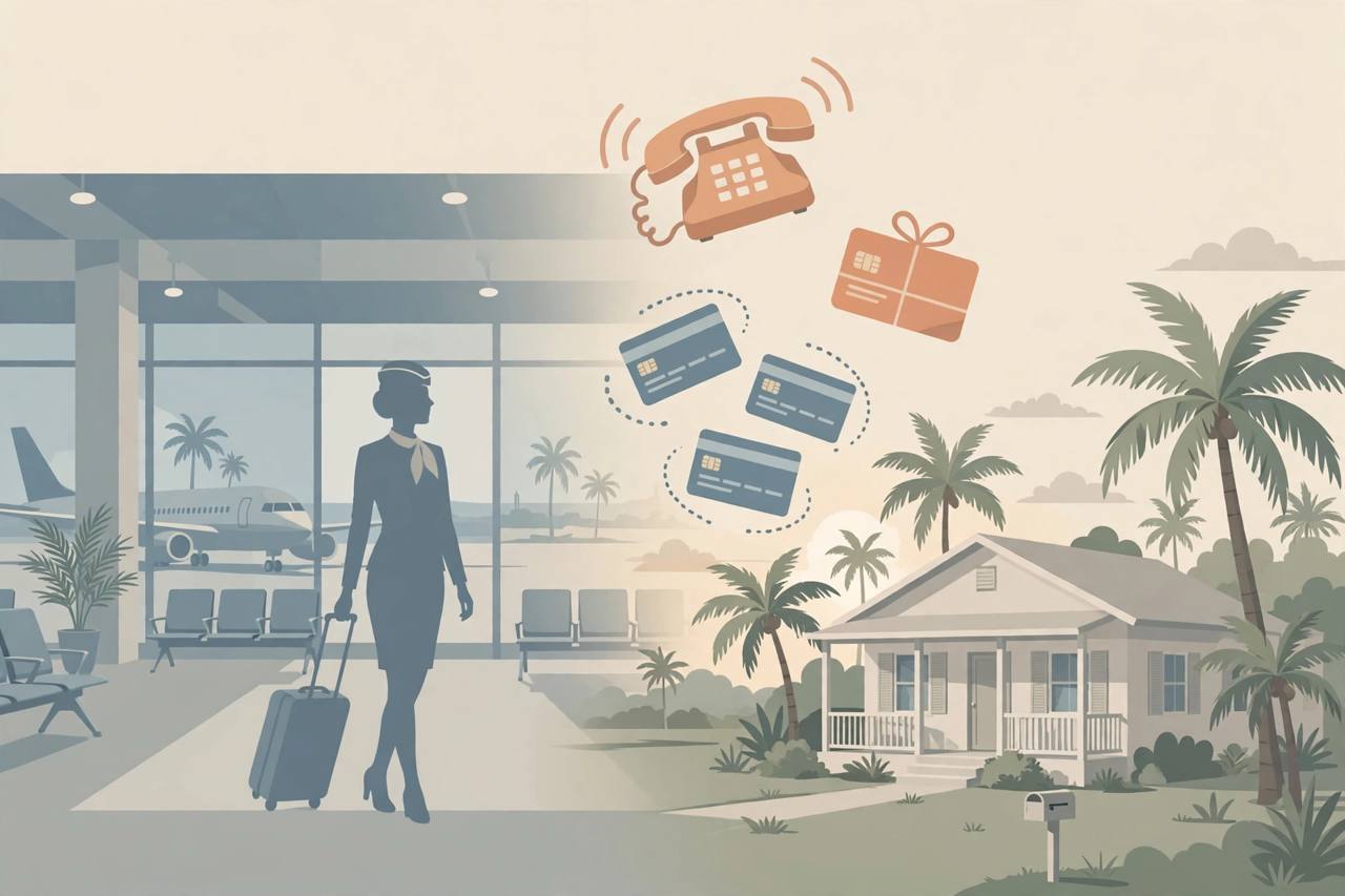 Editorial illustration of an airport terminal with a generic flight attendant silhouette, a ringing telephone, a gift card and credit cards as scam symbols, and a Florida house with palm trees in the background