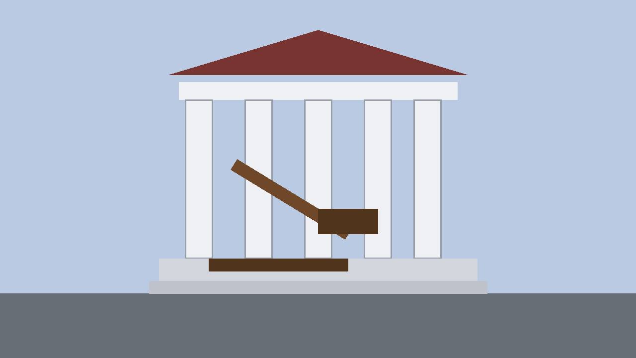 Editorial illustration of a generic courthouse with columns and a gavel, flat style, no real person, place or incident depicted, no readable text