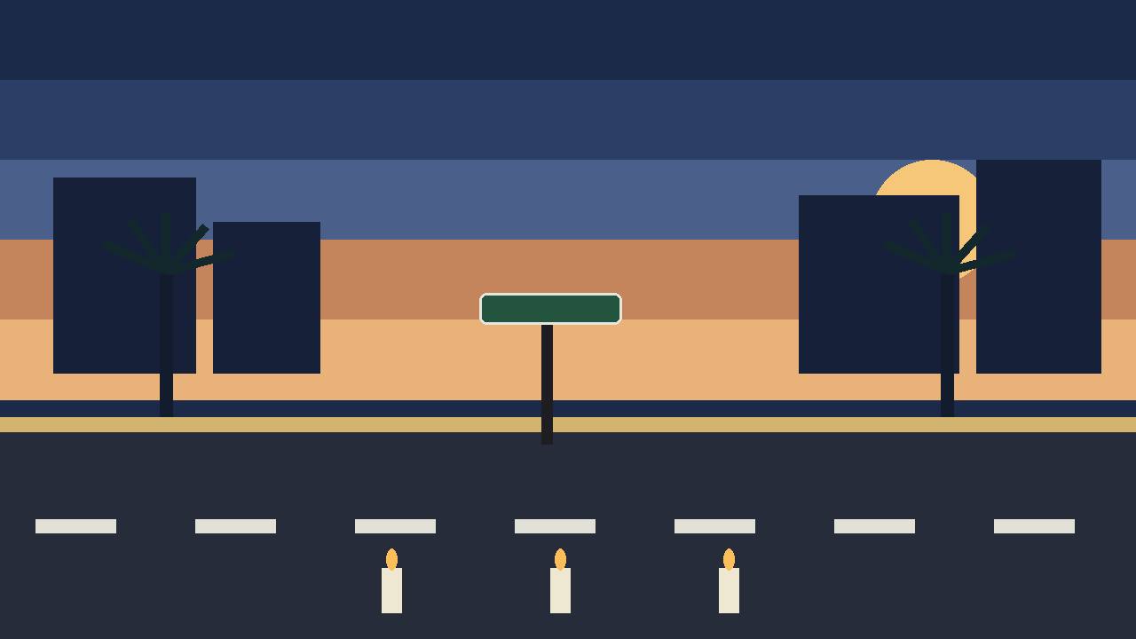 Editorial illustration of a quiet Pensacola street at dawn with palm trees and three candles of remembrance; generic scene, no people and no depiction of the crash