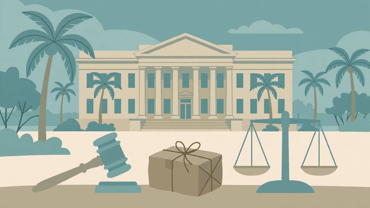 Editorial illustration of a generic Florida federal courthouse in Pensacola with palm trees, a gavel beside a sealed postal parcel, no people faces and no text