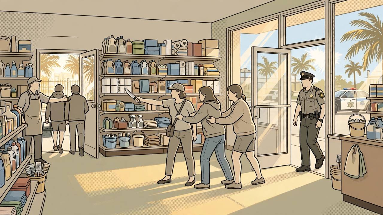 Editorial illustration of a tense scene inside a Florida discount store, with a woman holding a knife at a distance and two shoppers holding her at bay as a deputy arrives