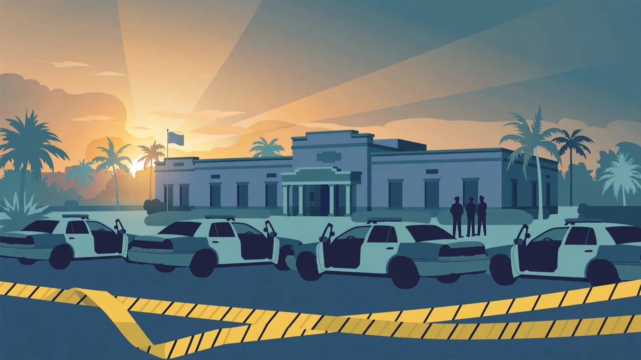 Editorial illustration of a Florida county sheriff's office at dawn with palm trees, generic patrol cars and yellow police tape, no people close to camera
