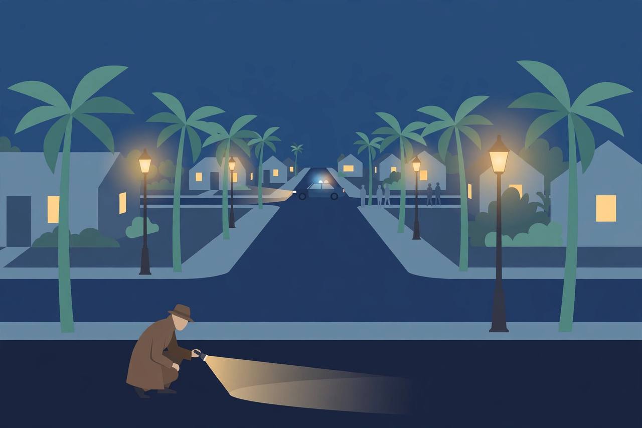 Editorial illustration of a quiet Florida suburban intersection at night with a police car in the distance and a detective with a flashlight