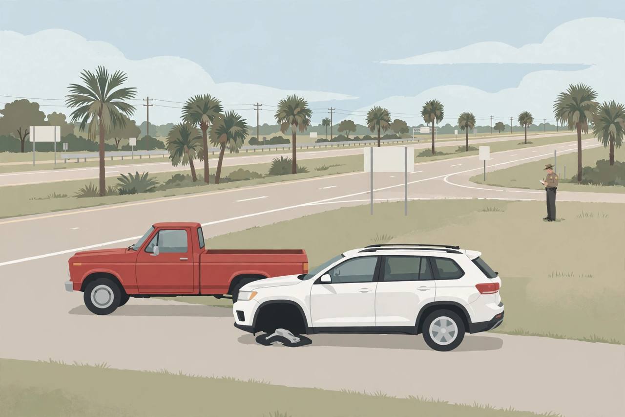 Editorial illustration of a white SUV with a flat tyre and a red pickup truck stopped at a Florida highway junction with a sheriff deputy nearby