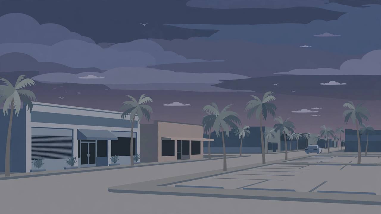 Editorial illustration of a quiet Florida main street at dusk with a closed bar and an empty parking lot, no people and no violence depicted