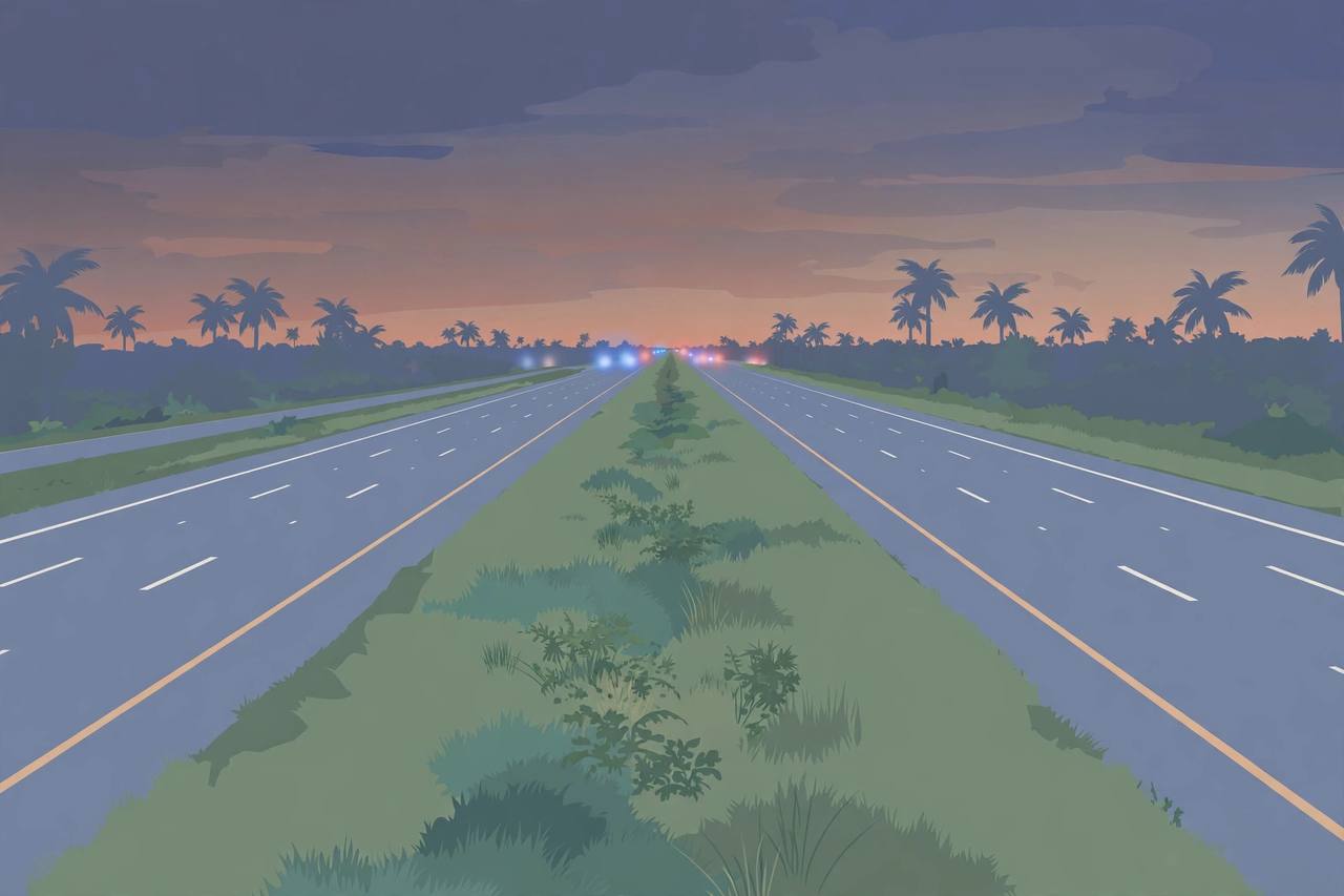 Editorial illustration of a quiet Florida interstate at dusk with a wide grass median and palm trees, flat style, no real person, no crash