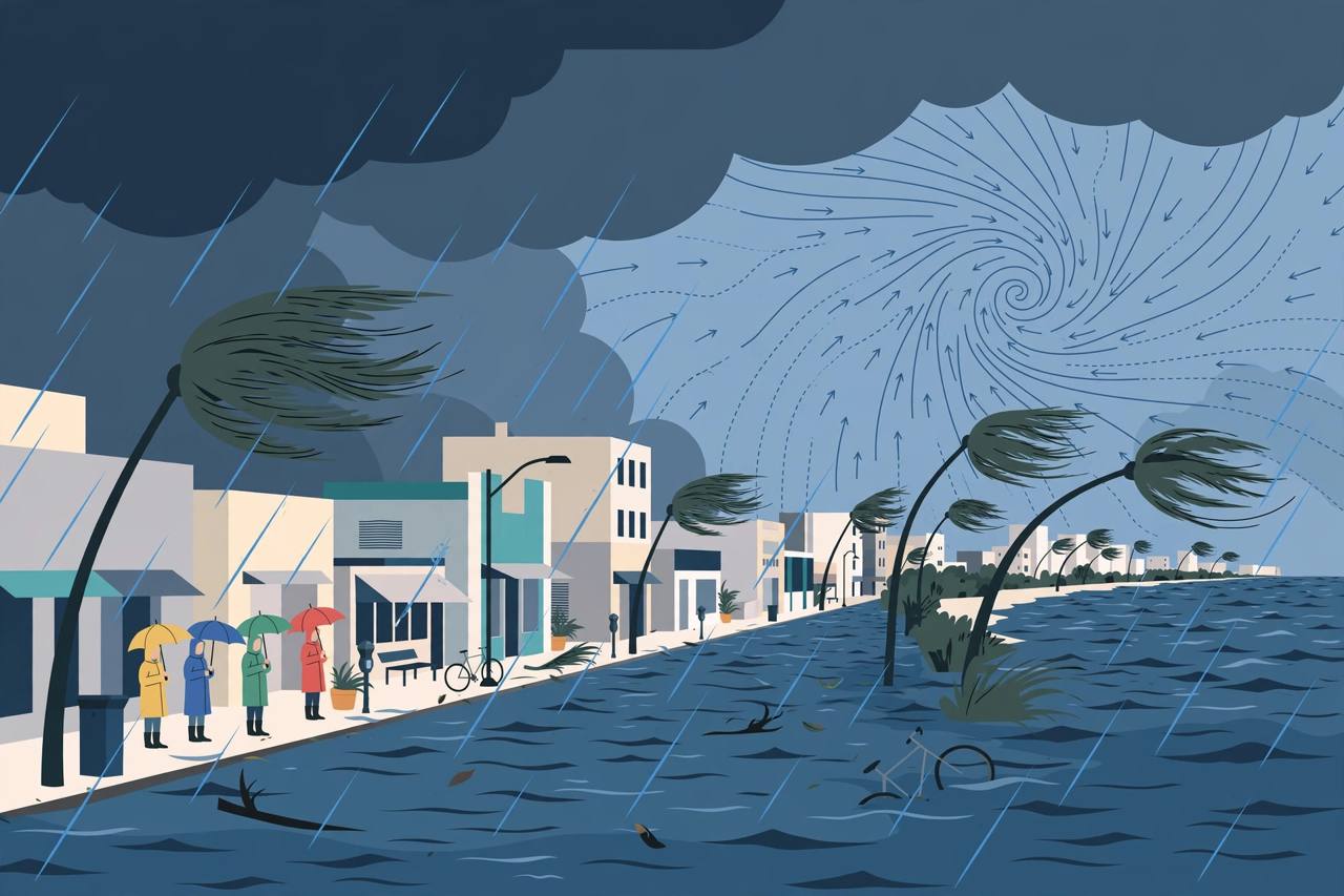 Editorial illustration of a Florida coastal street in heavy rain with palm trees bending and floodwater rising