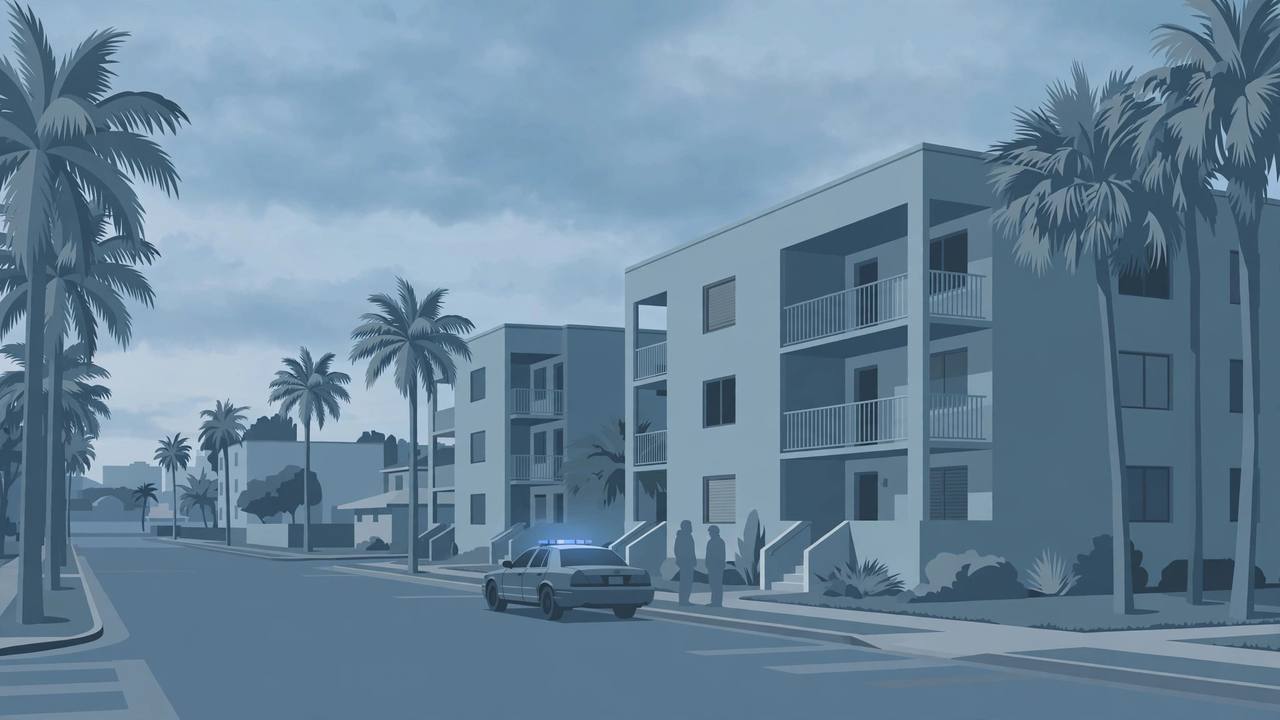 Editorial illustration of a police car outside a Florida apartment building at dawn, palm trees along a quiet avenue