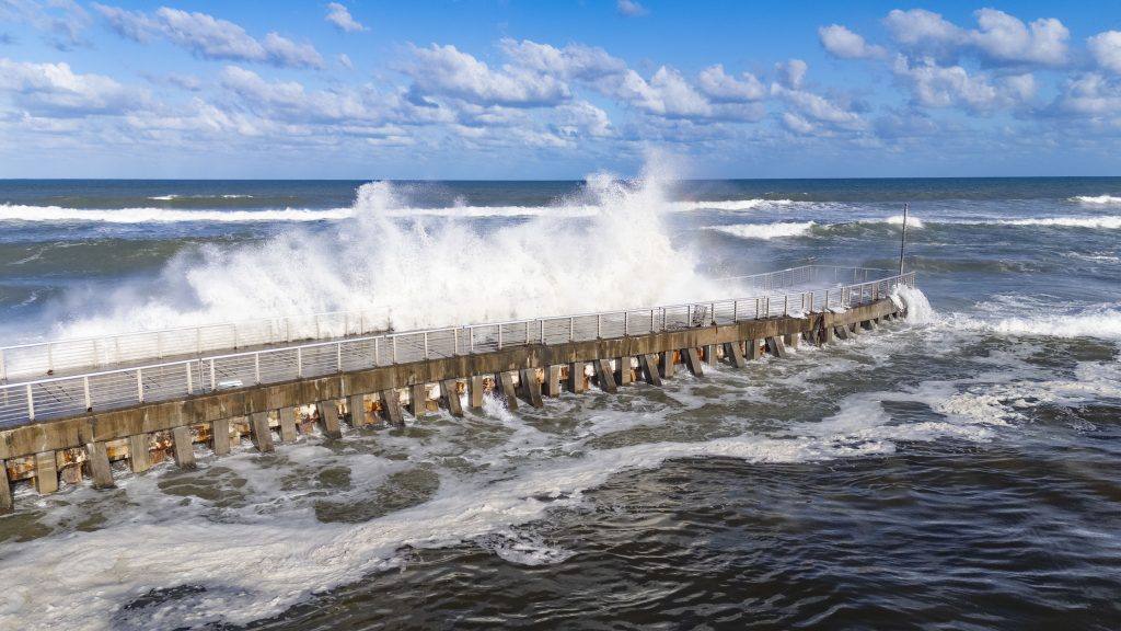 Waves crashing at Boynton Inlet, Palm Beach County, Florida, on October 20, 2026, during high surf
