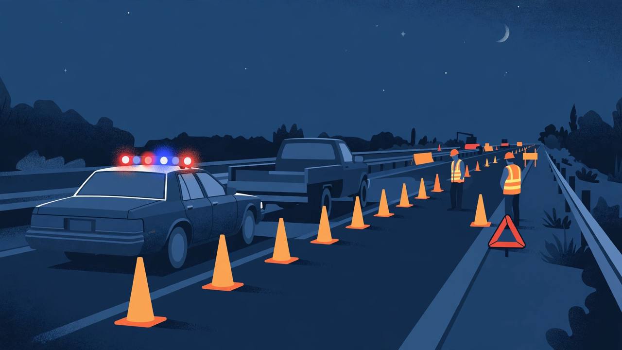 Editorial illustration of a night highway construction zone with a marked patrol car with flashing lights, orange cones and a pickup truck stopped behind it