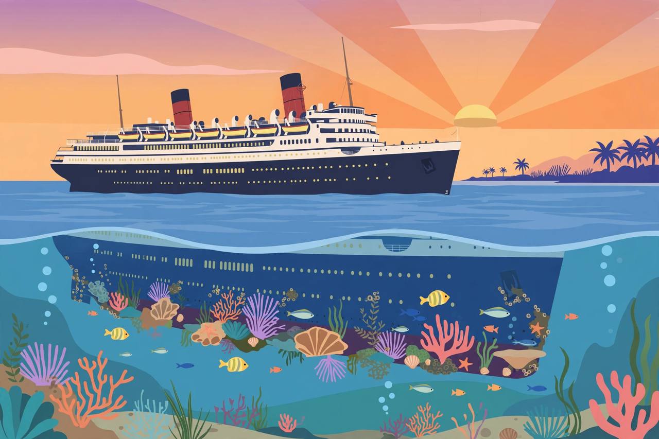 Editorial illustration of the historic ocean liner SS United States on Gulf water with a coral reef below, flat style, no real person depicted