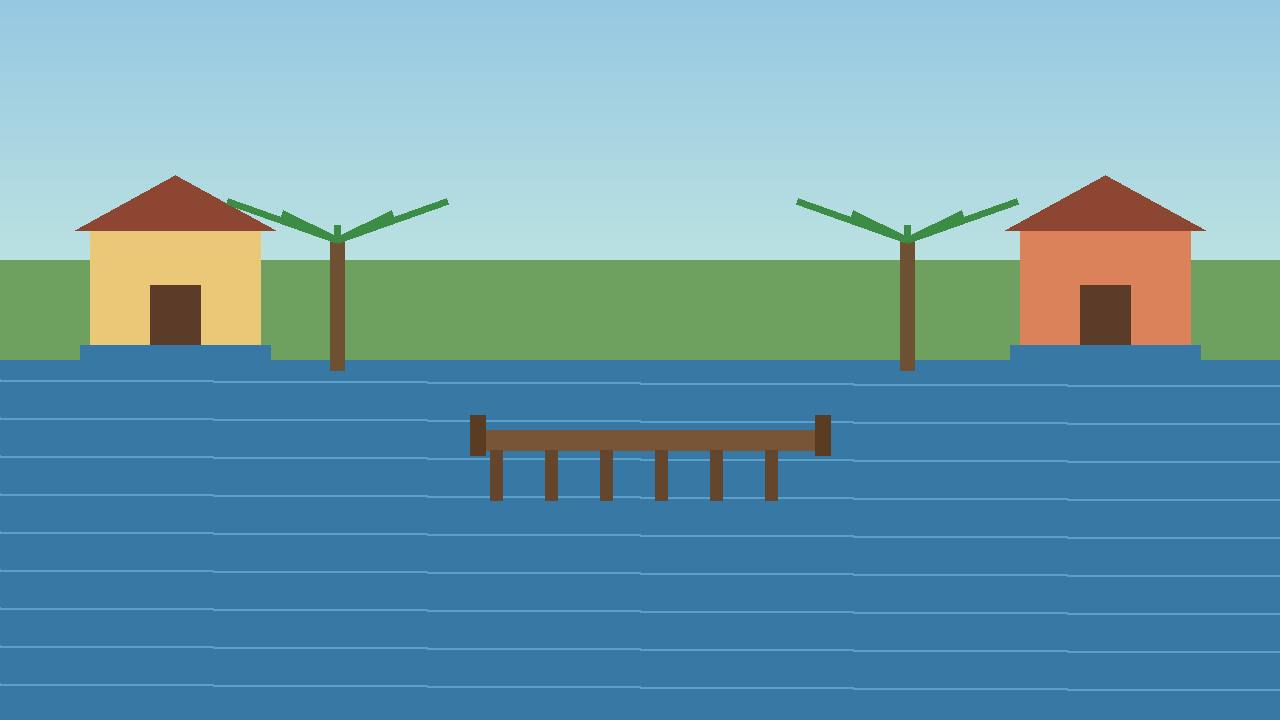 Editorial illustration of a Florida river at flood stage with submerged docks, riverside homes and palm trees