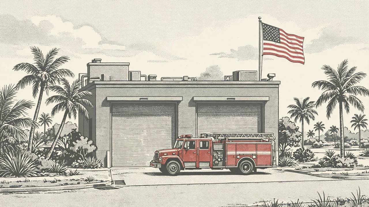Editorial illustration of a generic Florida fire station — no actual person or place is depicted