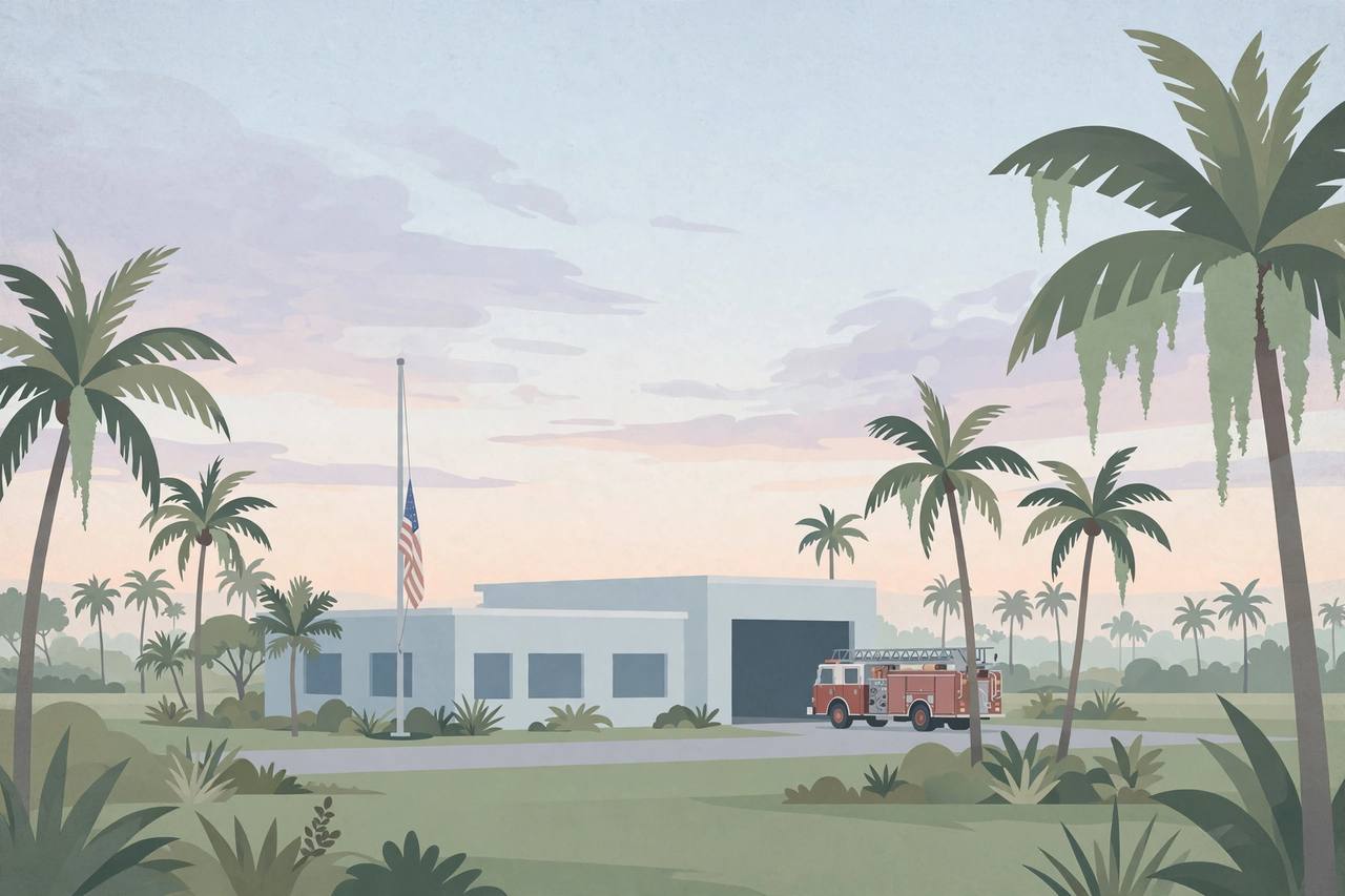 Editorial illustration of a quiet Florida fire station at dawn with a flag at half-staff, flat style, no real person depicted