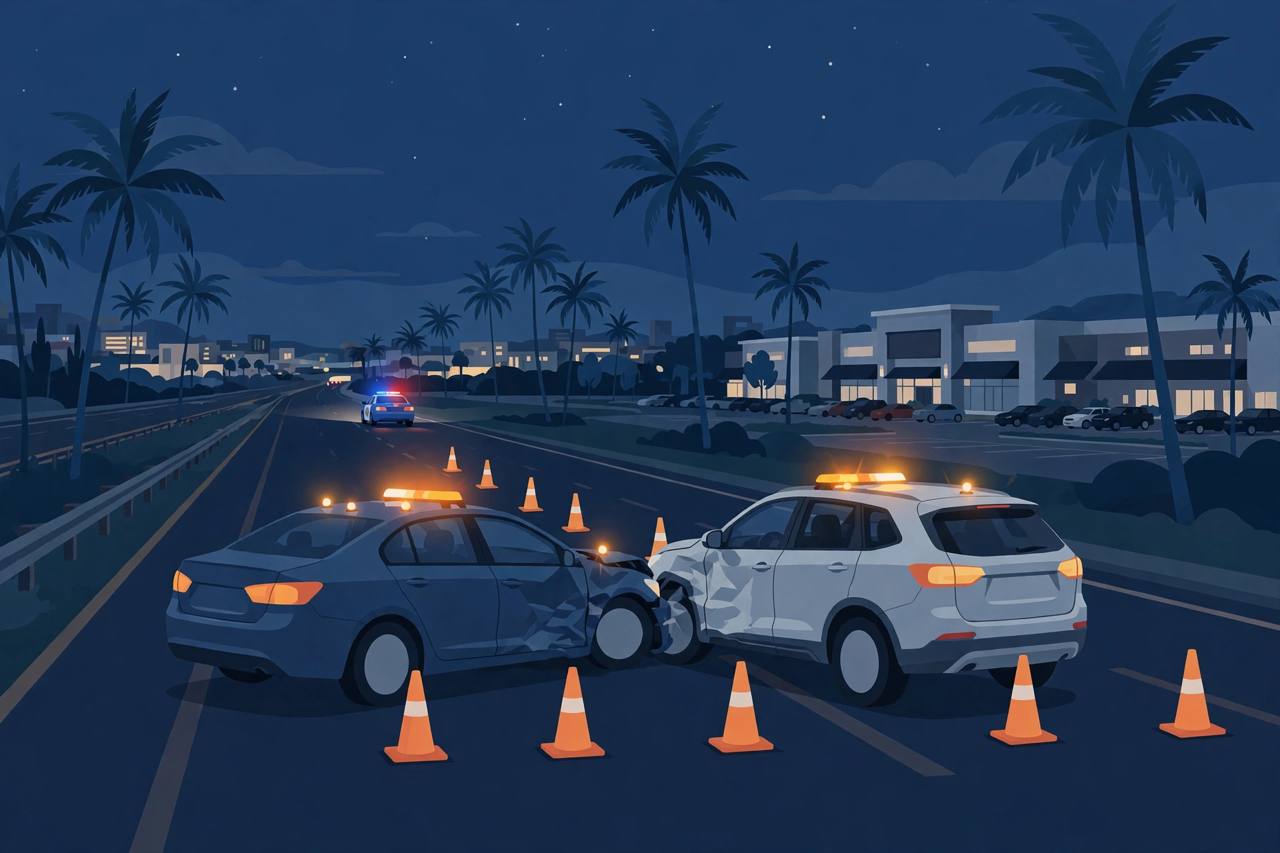 Editorial illustration of a nighttime Florida highway near a shopping mall with stopped cars, hazard lights and a police car after a crash