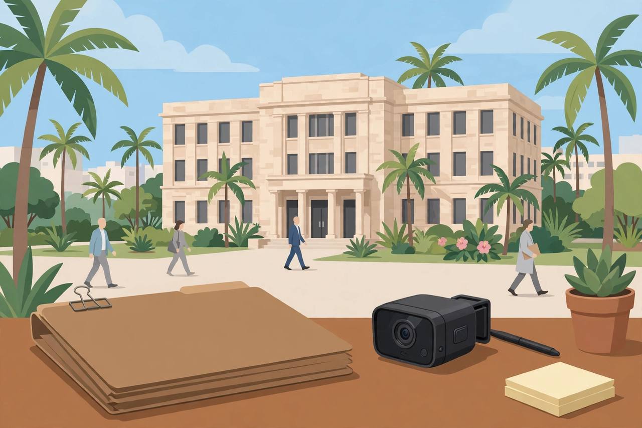 Editorial illustration of a South Florida courthouse and prosecutor's office with palm trees, flat style, no real person depicted and no incident shown