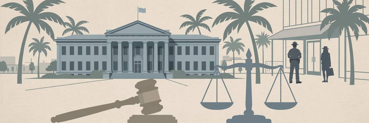 Editorial illustration of a generic federal courthouse in Tallahassee, Florida with palm trees, a gavel and scales of justice