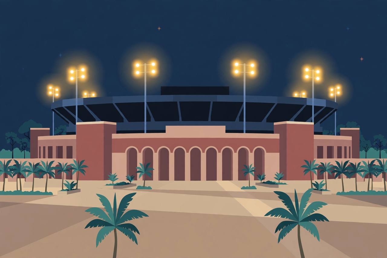 Editorial illustration of a university football stadium at night in Tallahassee; the shooting itself is not depicted