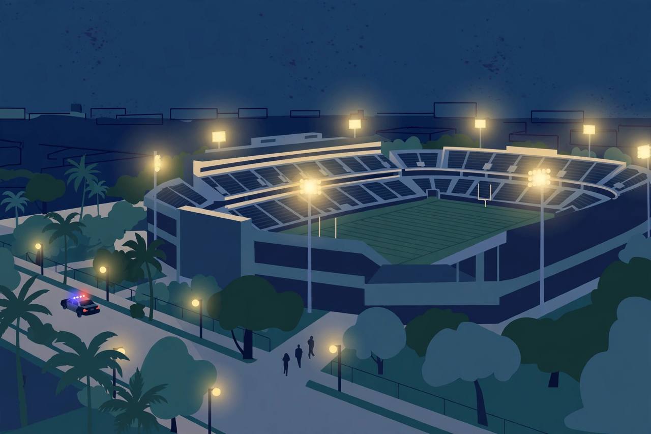 Editorial illustration of a university football stadium in Tallahassee at night with distant police lights on a nearby street; the shooting itself is not depicted