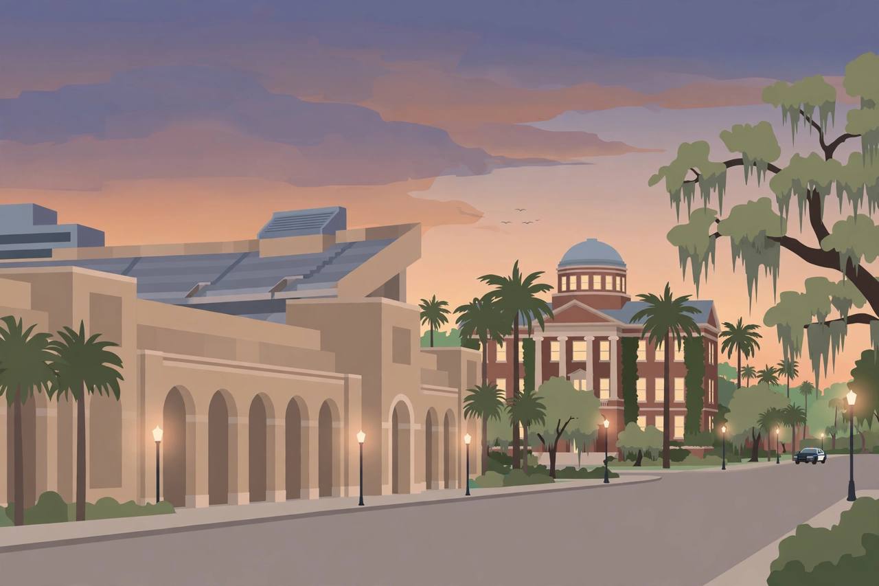 Editorial illustration of a generic university football stadium at dusk with a quiet street and a parked police car, flat style, no incident or real person depicted