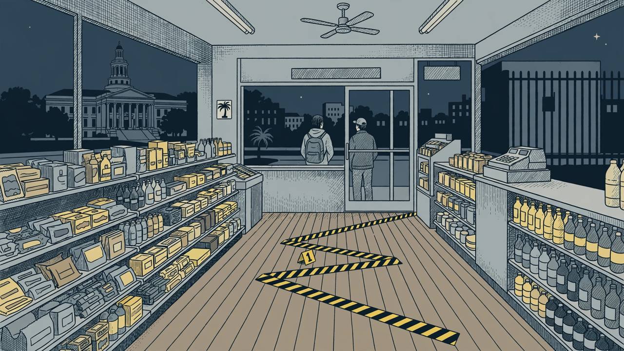 Editorial illustration of a Tallahassee convenience store interior at night with an evidence marker on the wooden floor, a courthouse visible through the window