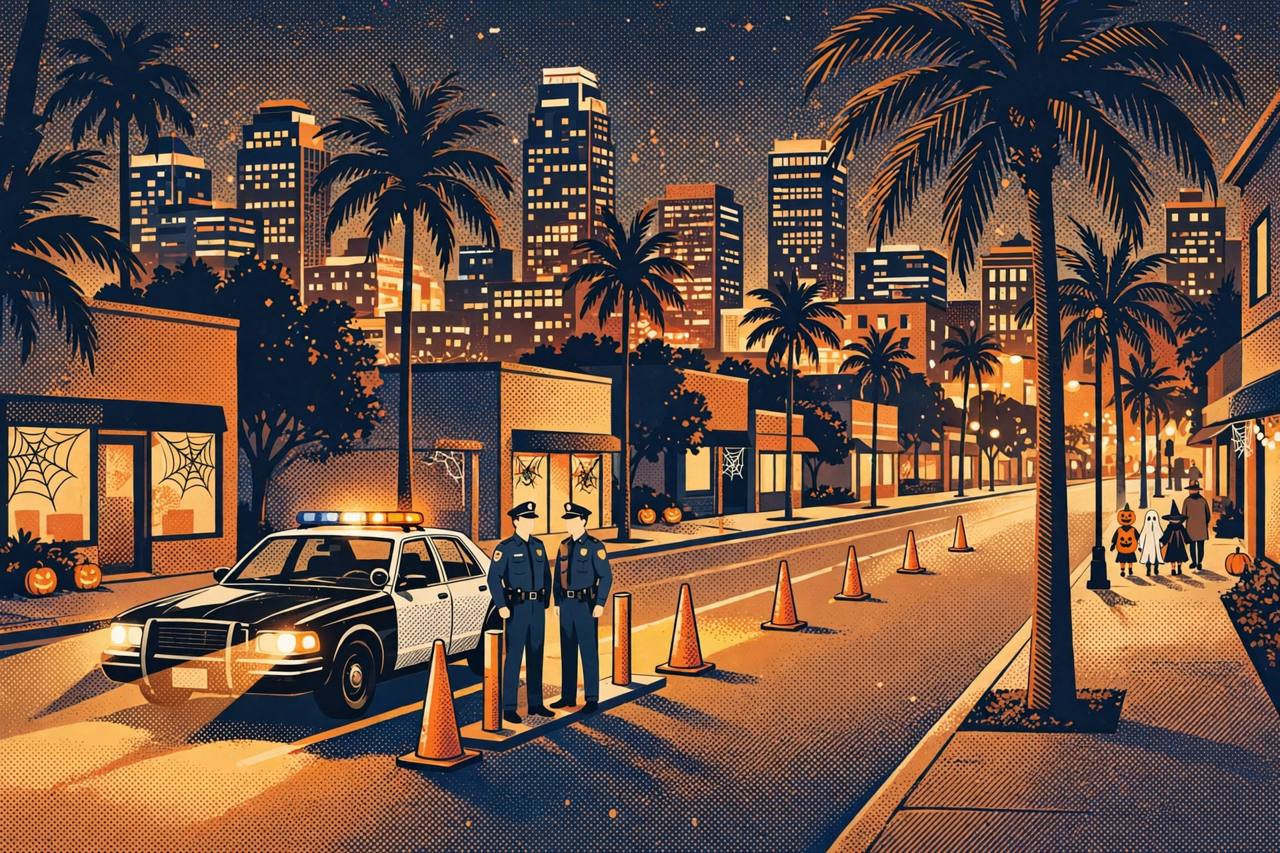 Editorial illustration of a nighttime Tampa street with a police patrol car, a roadside checkpoint, palm trees and families in Halloween costumes on the sidewalk